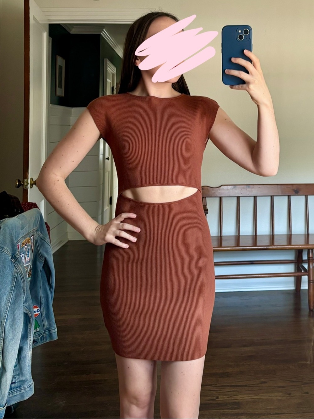 Wilfred Rust Brown Cutout Ribbed Mini Dress